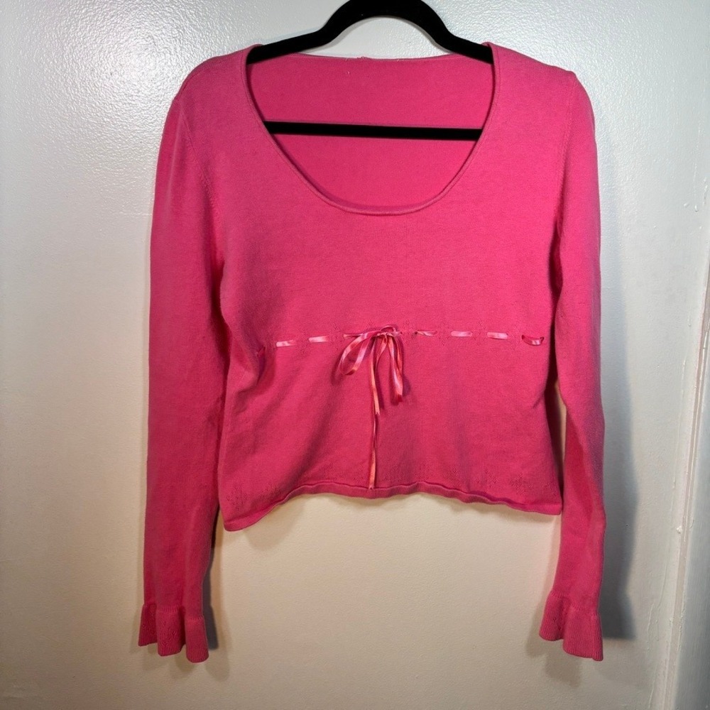 Balletcore Ribbon Tie Knit Sweater Women Sz M Pink Coquette Empire Waist Ruffle